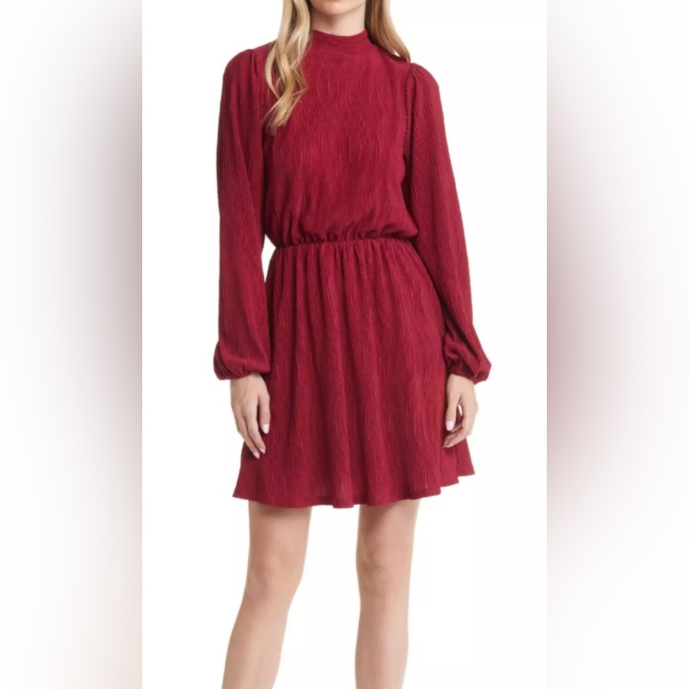Floret Studios NWT Women's Red Burgundy Pleated Long Sleeve Mini Dress Large $98